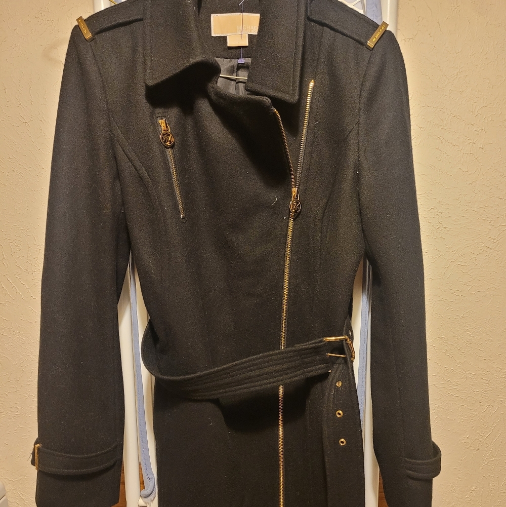Michael Kors Black Partial Wool Trench Coat with Gold Accents